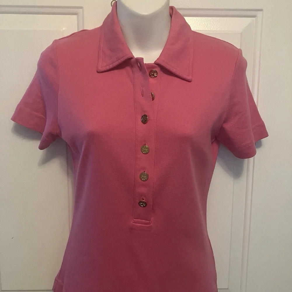 TORY BURCH Hot Pink Polo Shirt Top‎ Gold Buttons Size Small Women's